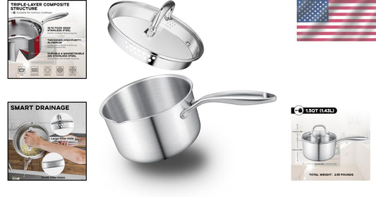 1.5-Quart Stainless Steel Saucepan with Glass Strainer Lid for Versatile Cooking