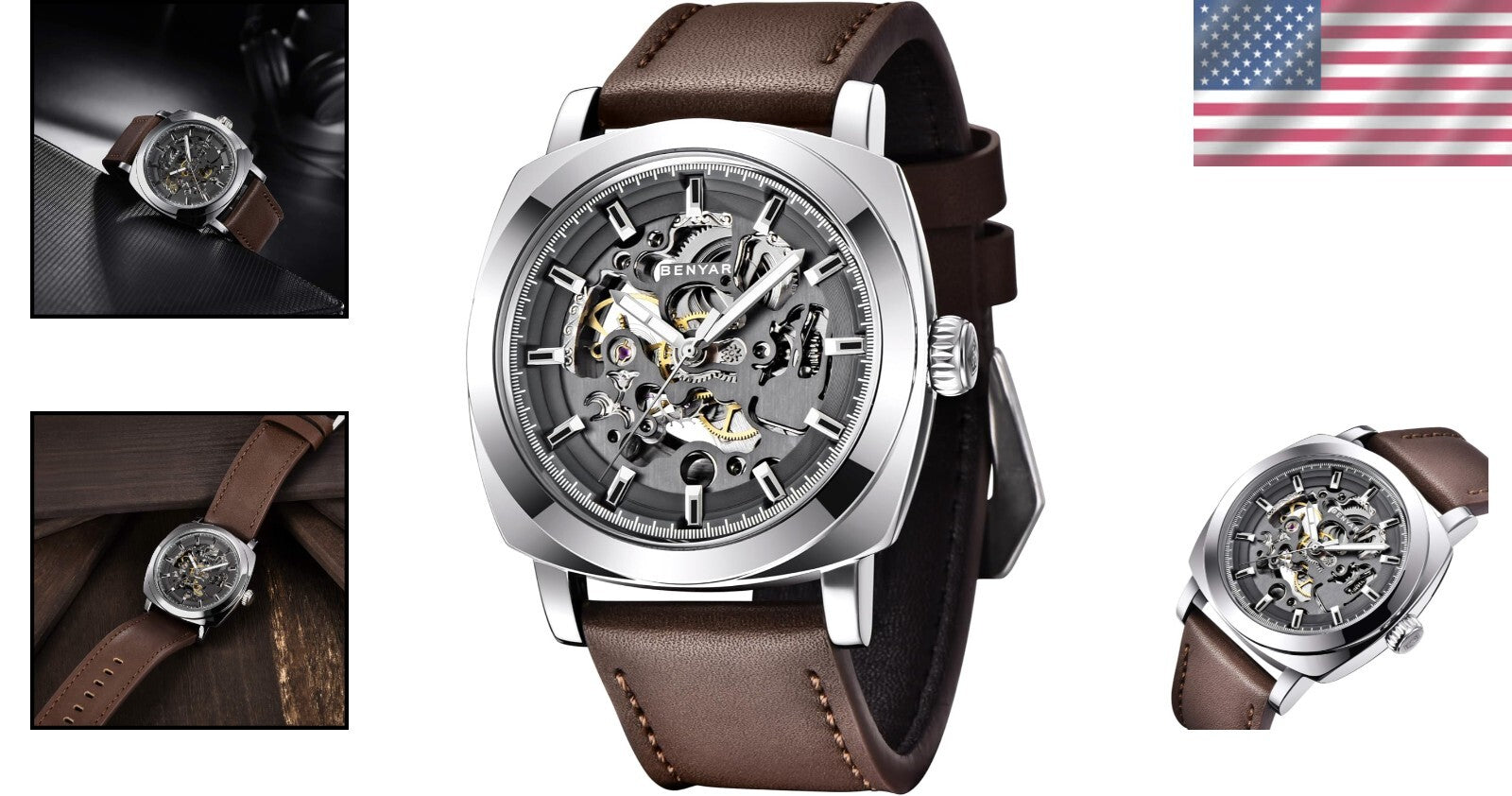 Benyar Men's Automatic Skeleton Watch - Stylish 45mm Leather Strap Design