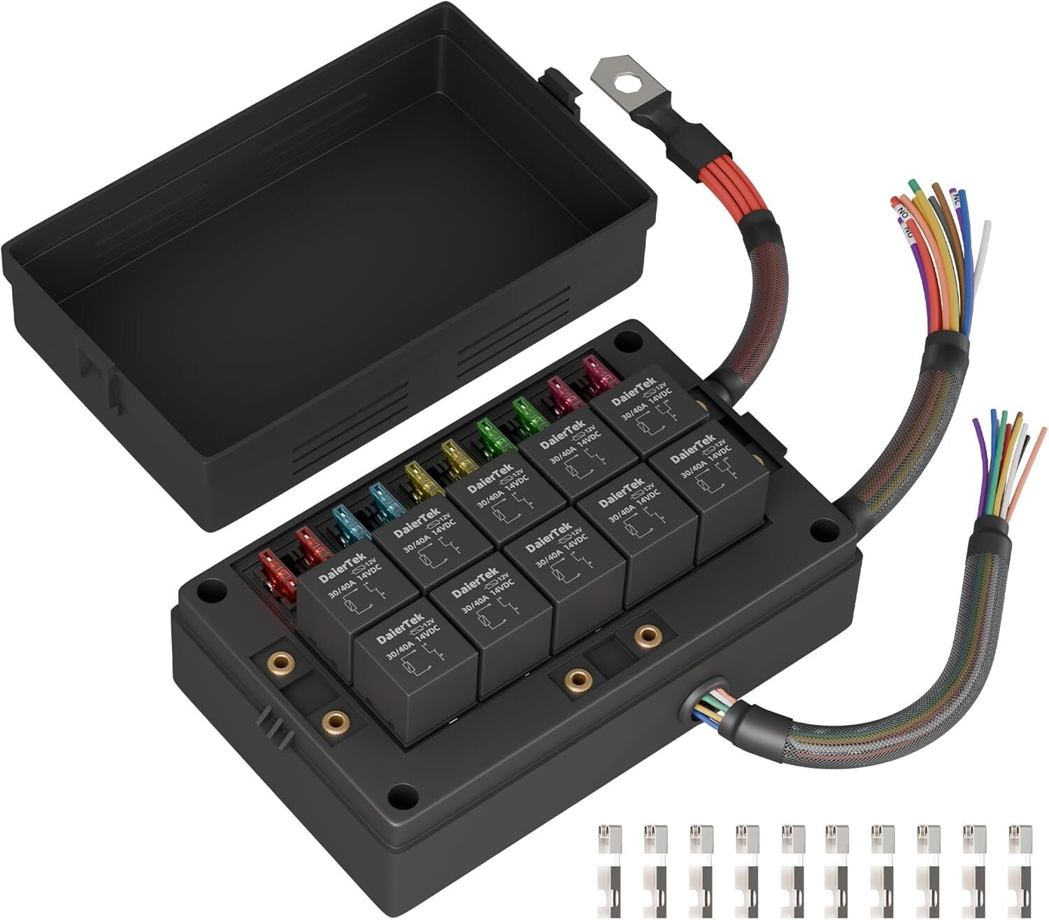 12V 10-Way Pre-Wired Relay Box & Dustproof Fuse Panel for Automotive Safety