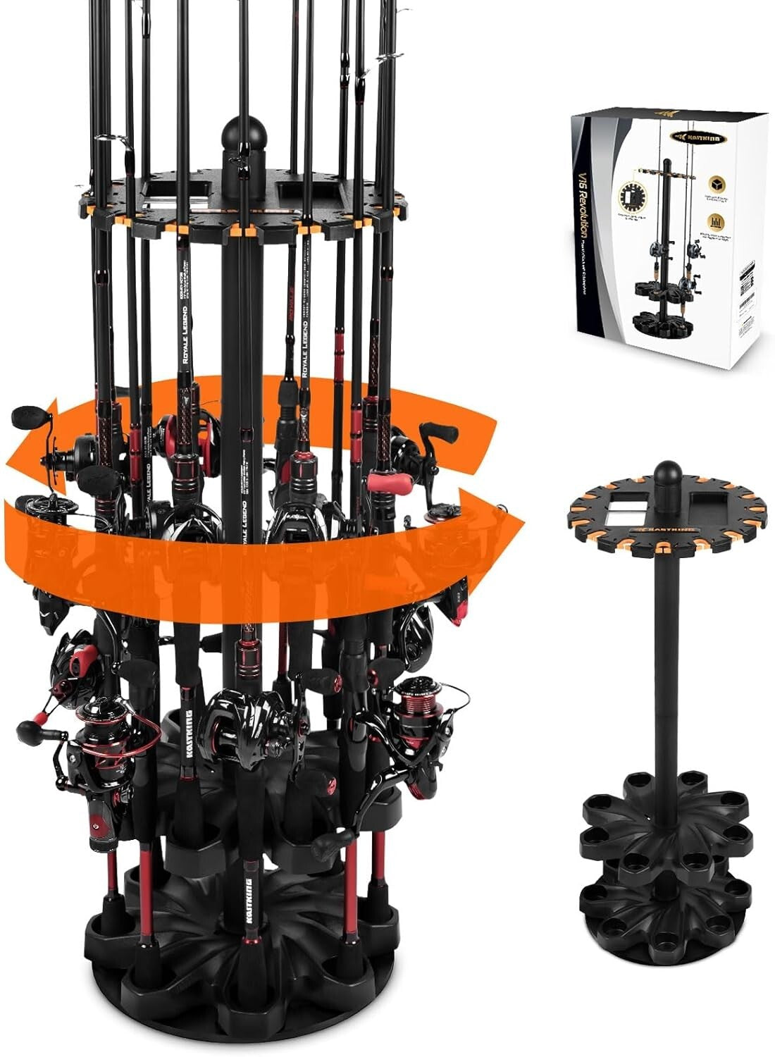 V16 Fishing Rod Rack with Rotating Base: Holds 16 Poles, Space-Saving Solution