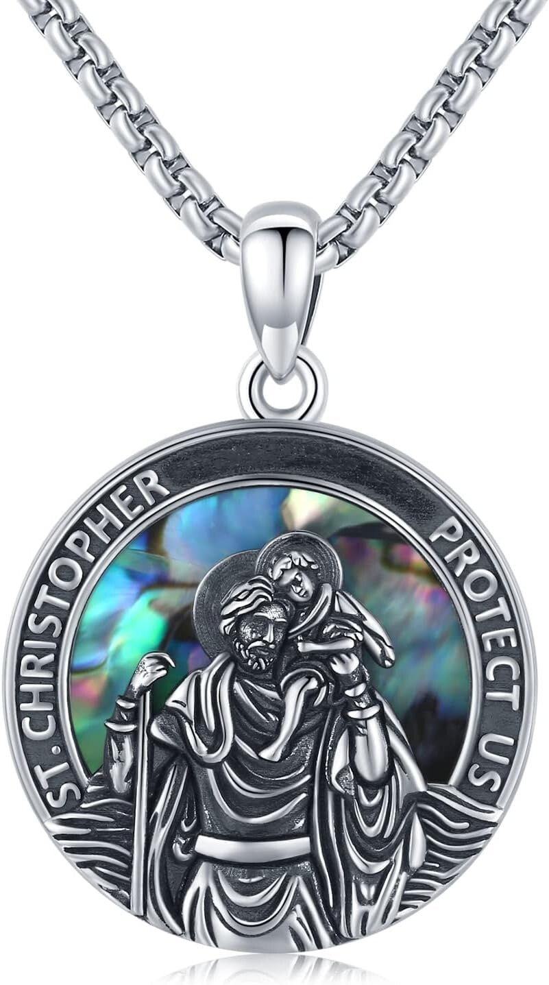Elegant St Christopher Protection Necklace - 925 Silver and Abalone Gift Boxed