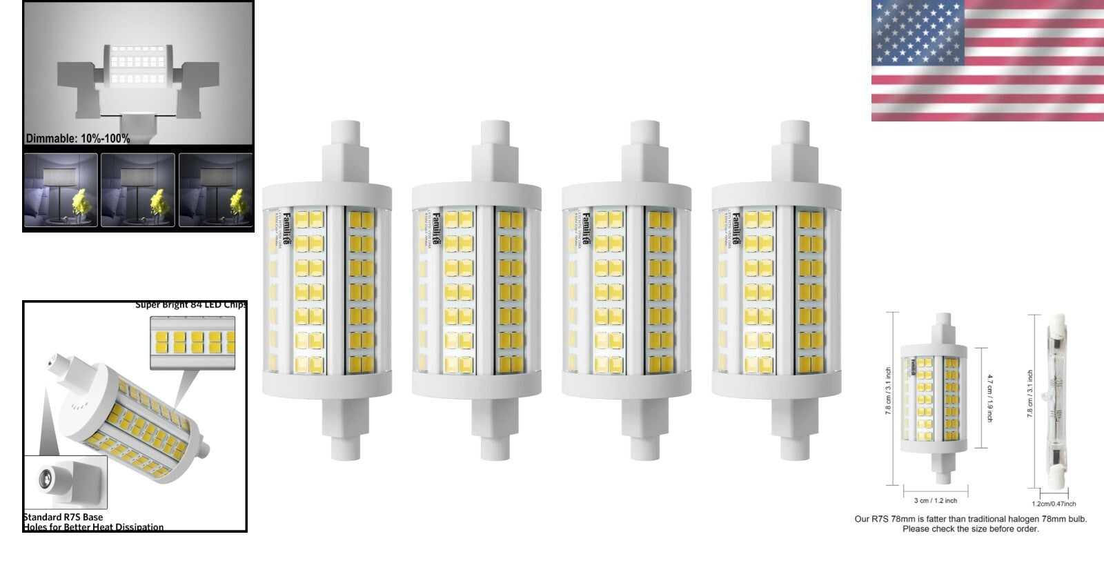 High-Efficiency R7S 15W LED Bulbs, 1500 Lumen Dimmable 6000K Cool White, 4-Pack