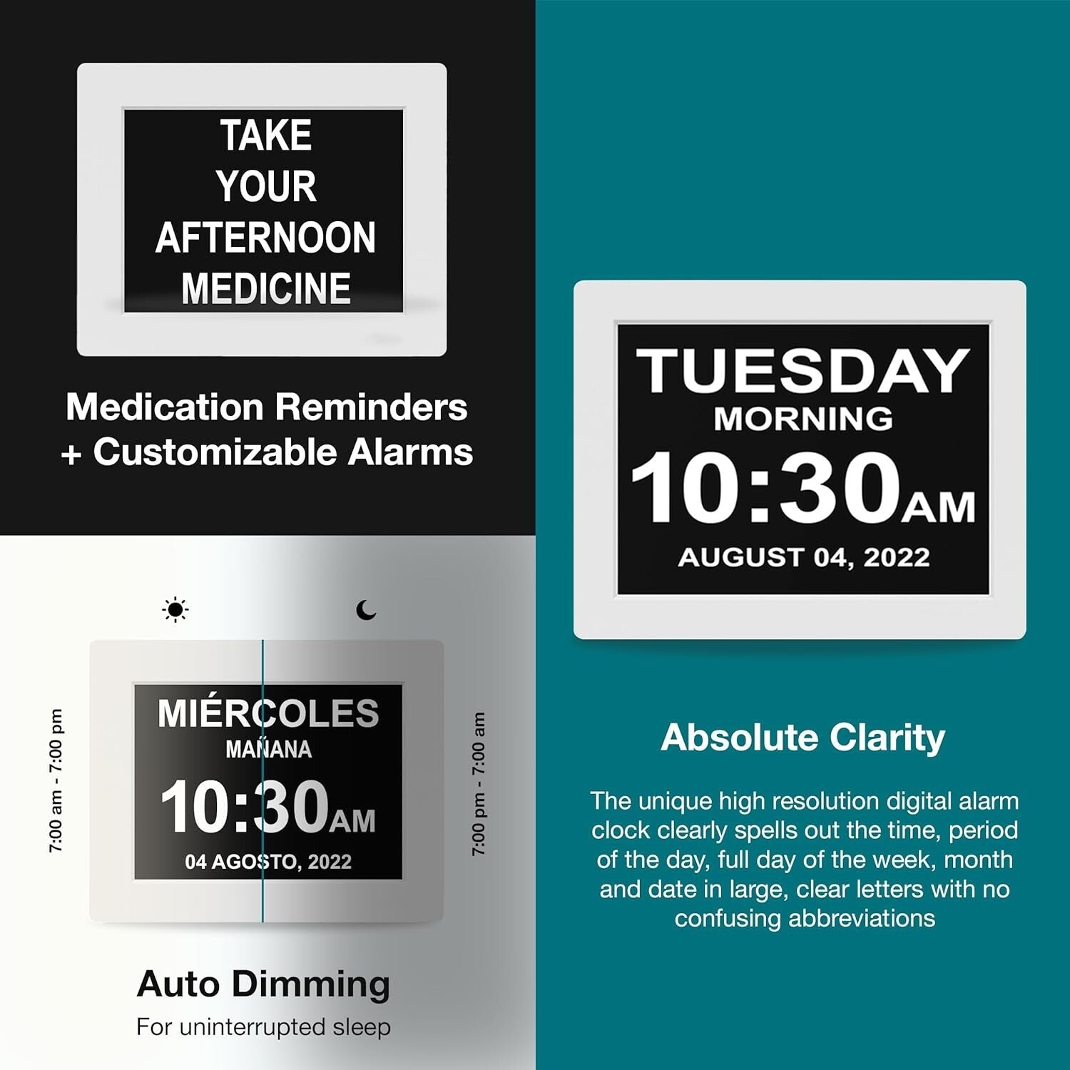 Dementia Clock 2025: 12-Inch Large Digital Display with Custom Alarms in Black