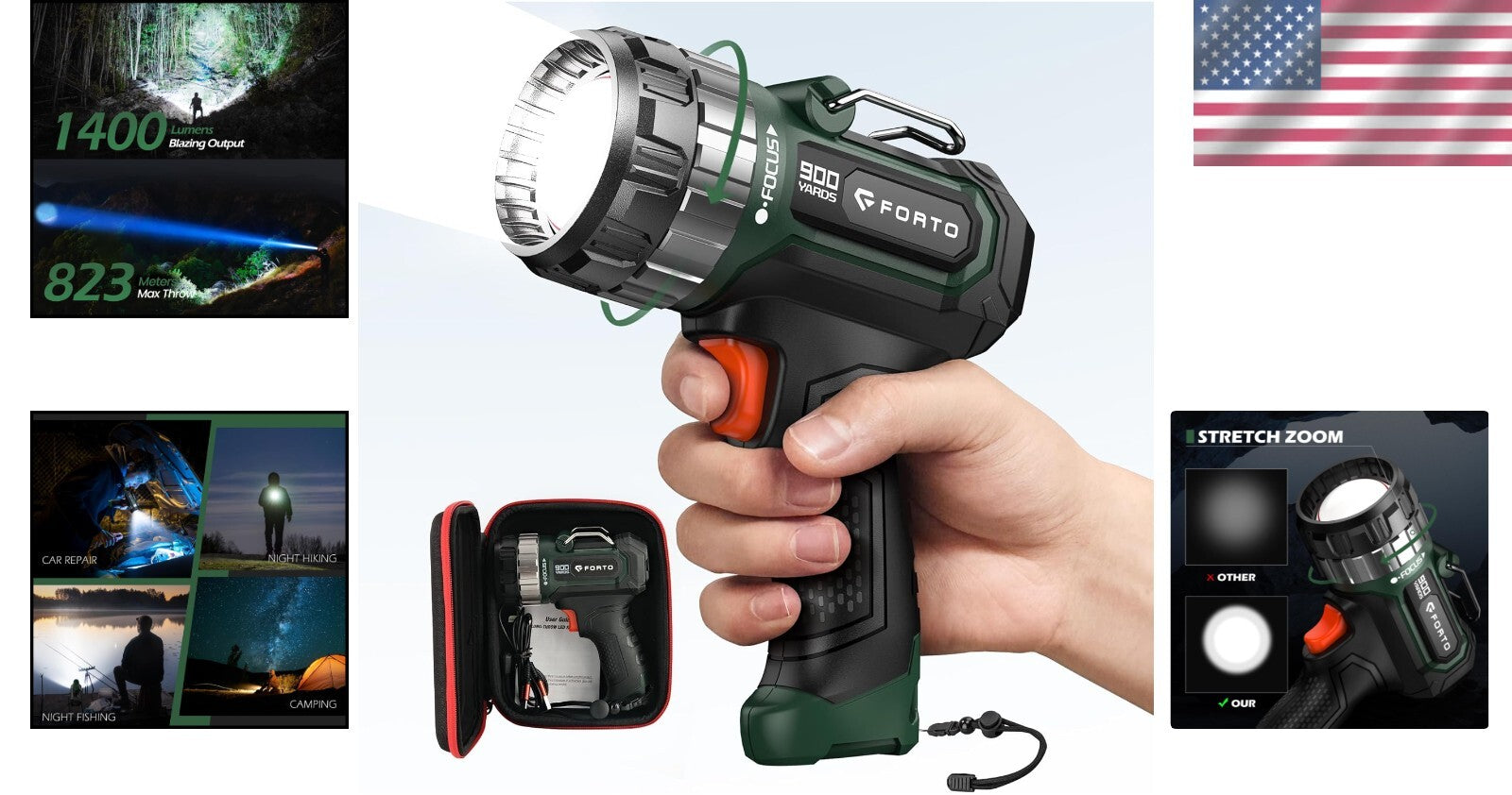 High-Performance 1400 Lumen Spotlight with Adjustable Focus - Ideal for Camping