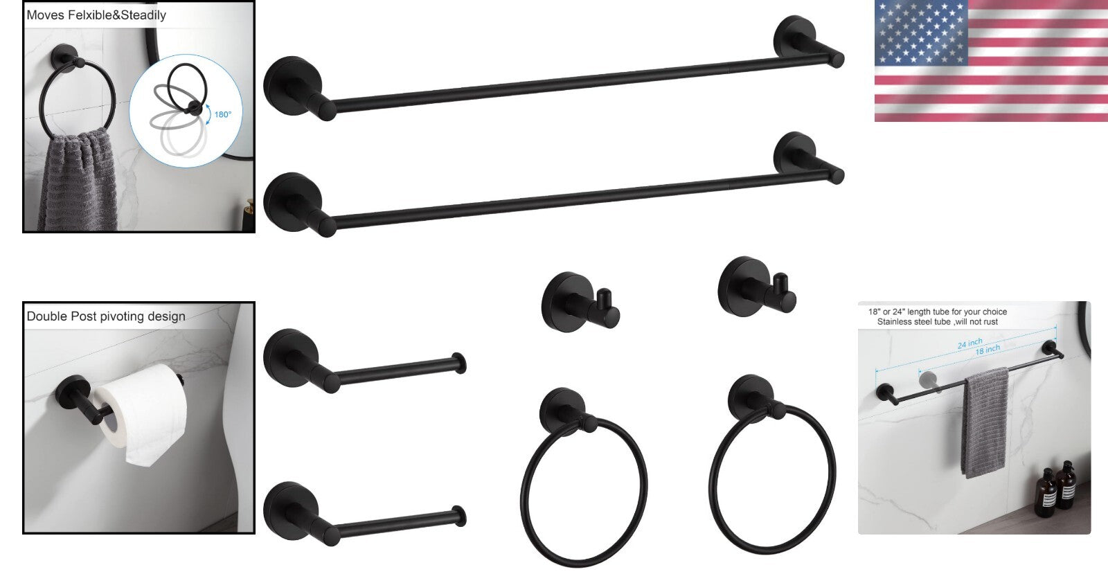 8-Piece Rust-Resistant Matte Black Bathroom Hardware with Adjustable Towel Bars
