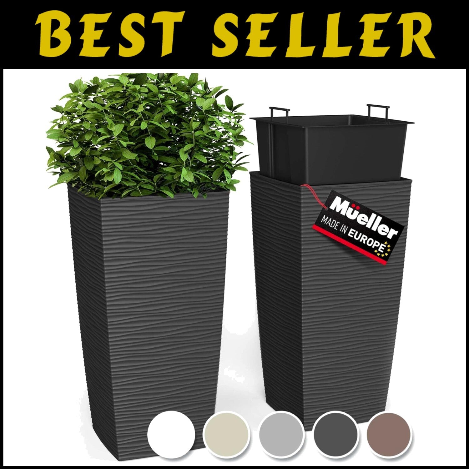 Sturdy Dark Grey 27.5” Tall Planters with Drainage for Outdoor & Indoor Use