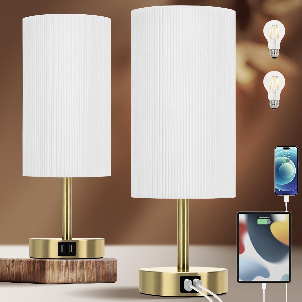 Modern Bedside Lamp Set with USB Ports - Touch Control & Dimmable Features