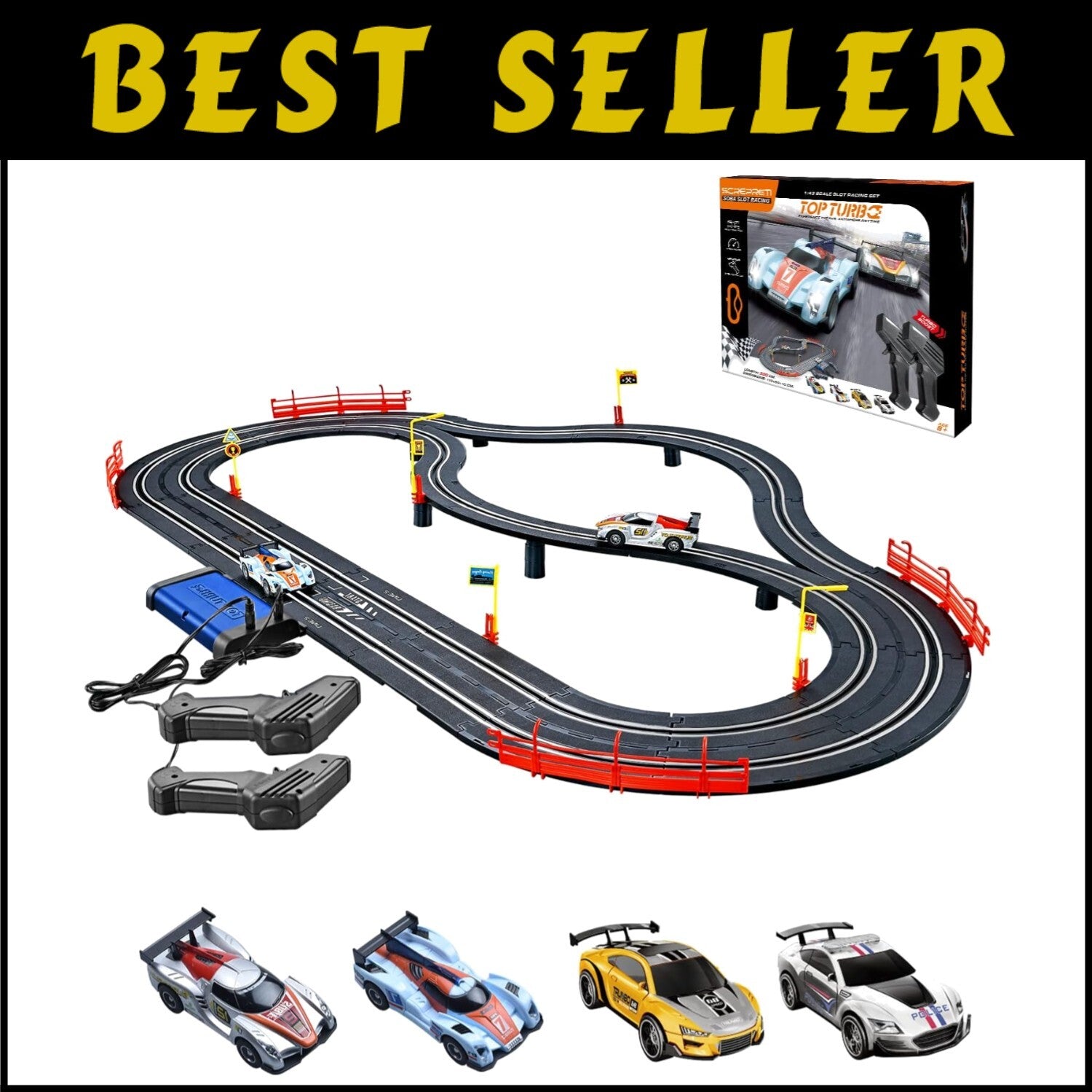 Electric Slot Car Racing Track Set with 4 Cars & 2 Controllers - 1:43 Scale