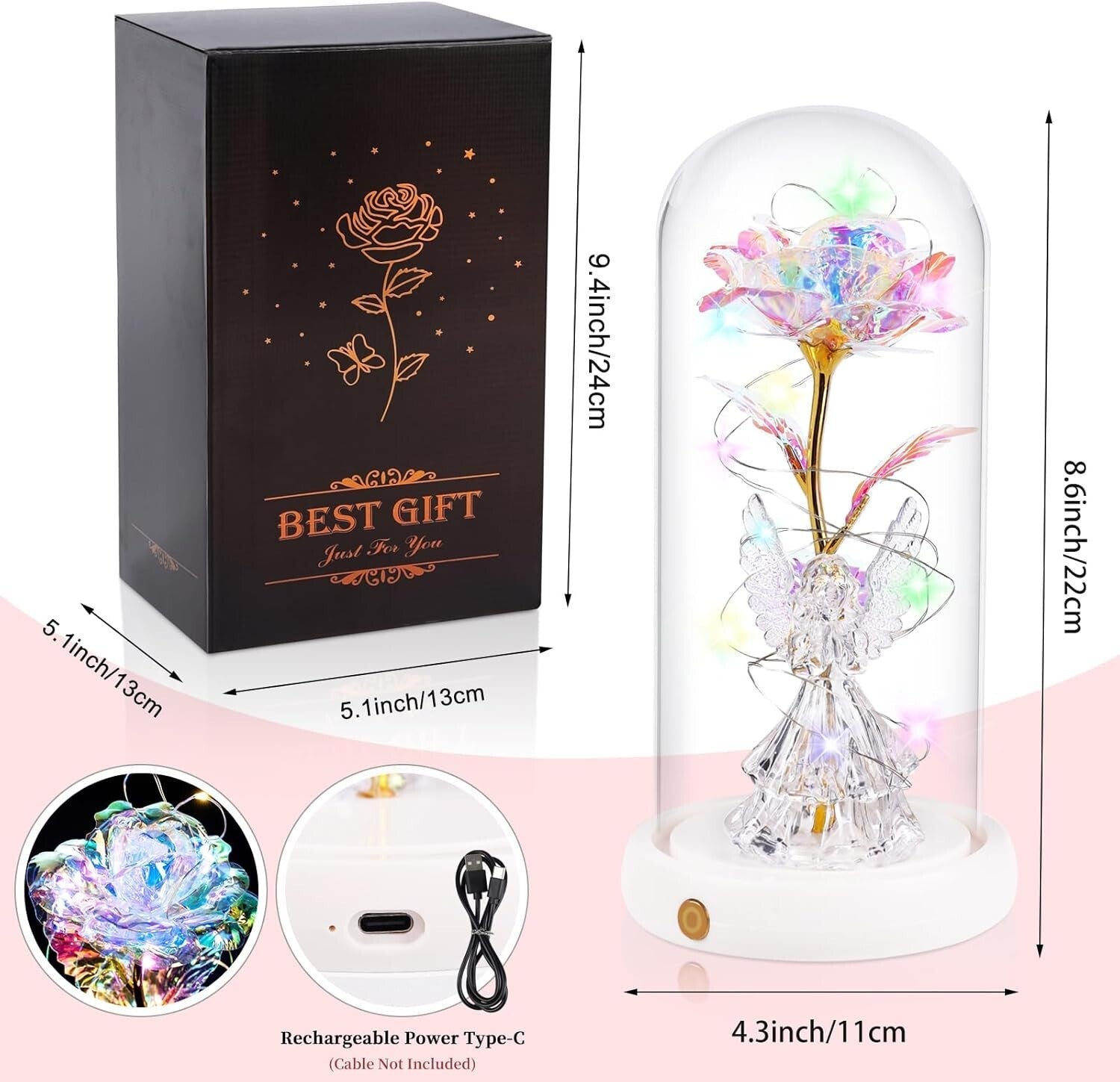 Charming Preserved Rose and Angel Figurine in Glass Dome - Versatile Home Decor