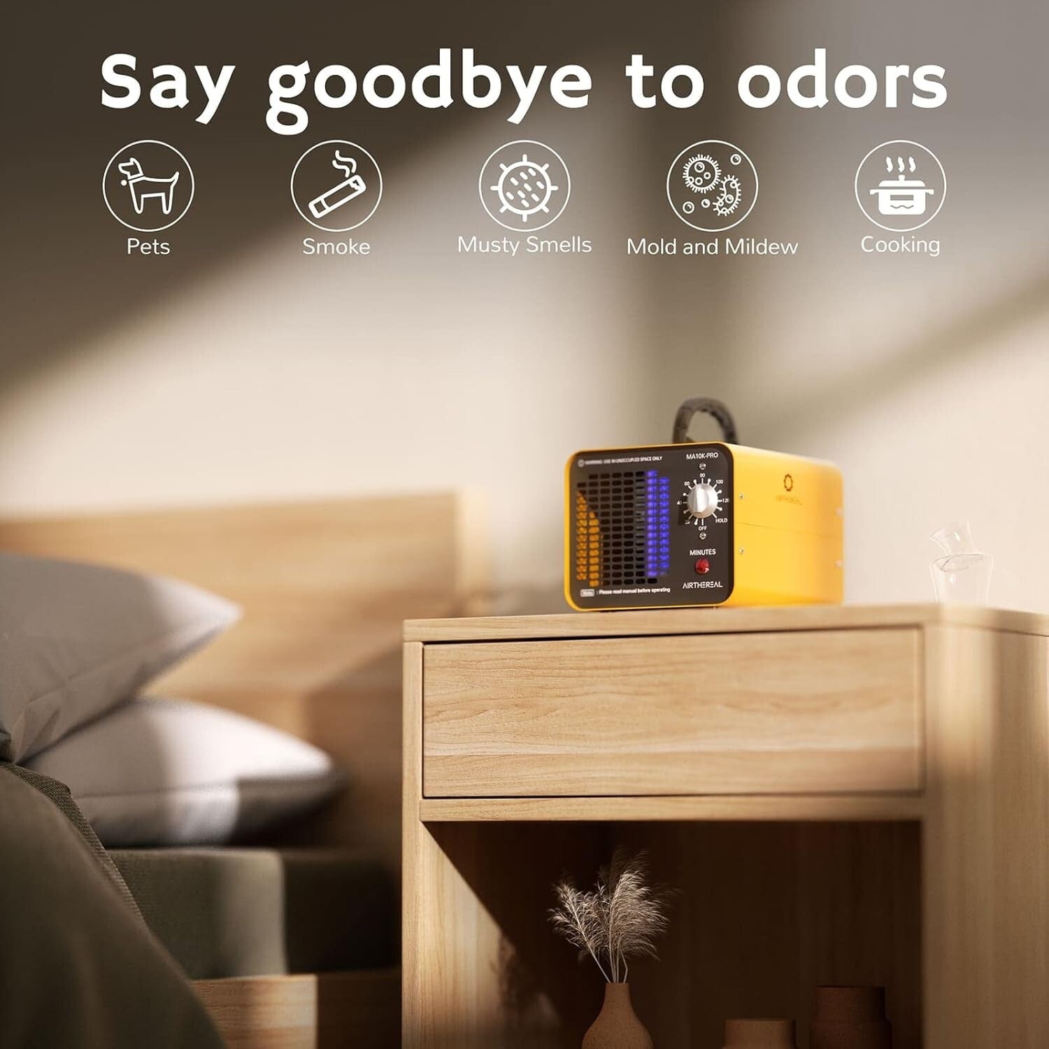 Efficient 10,000 mg/h Ozone Generator: Touch Control Air Deodorizer - Yellow