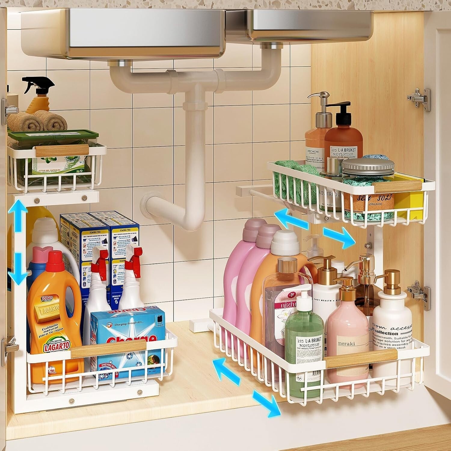 2-Tier Height Adjustable Under Sink Organizer - Space-Saving Pull Out Storage