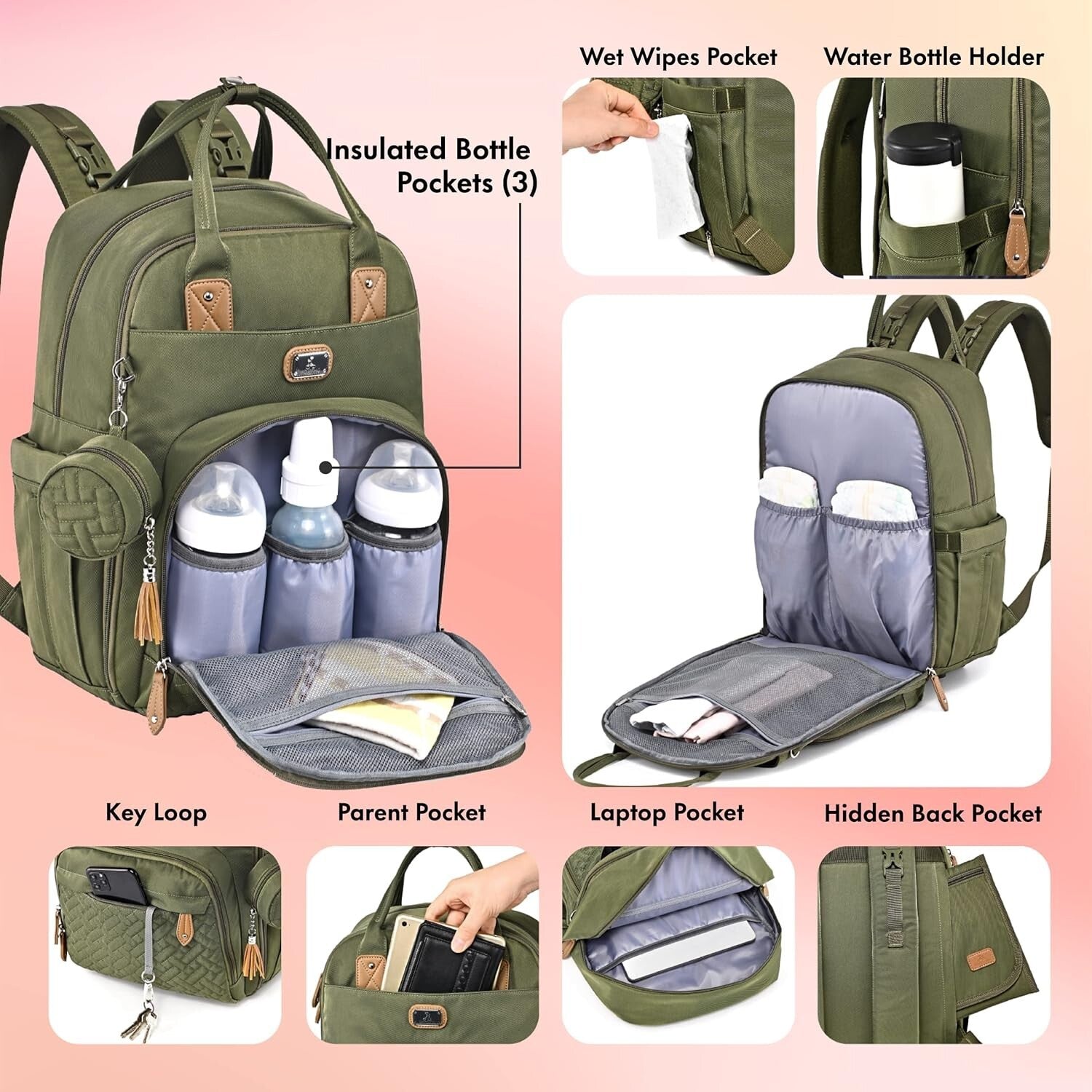 Stylish Unisex Diaper Bag Backpack with Changing Pad & Stroller Straps - Green