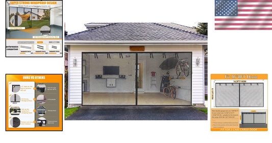 16x8FT Fiberglass Magnetic Garage Screen with Easy Roll-Up Straps for Durability