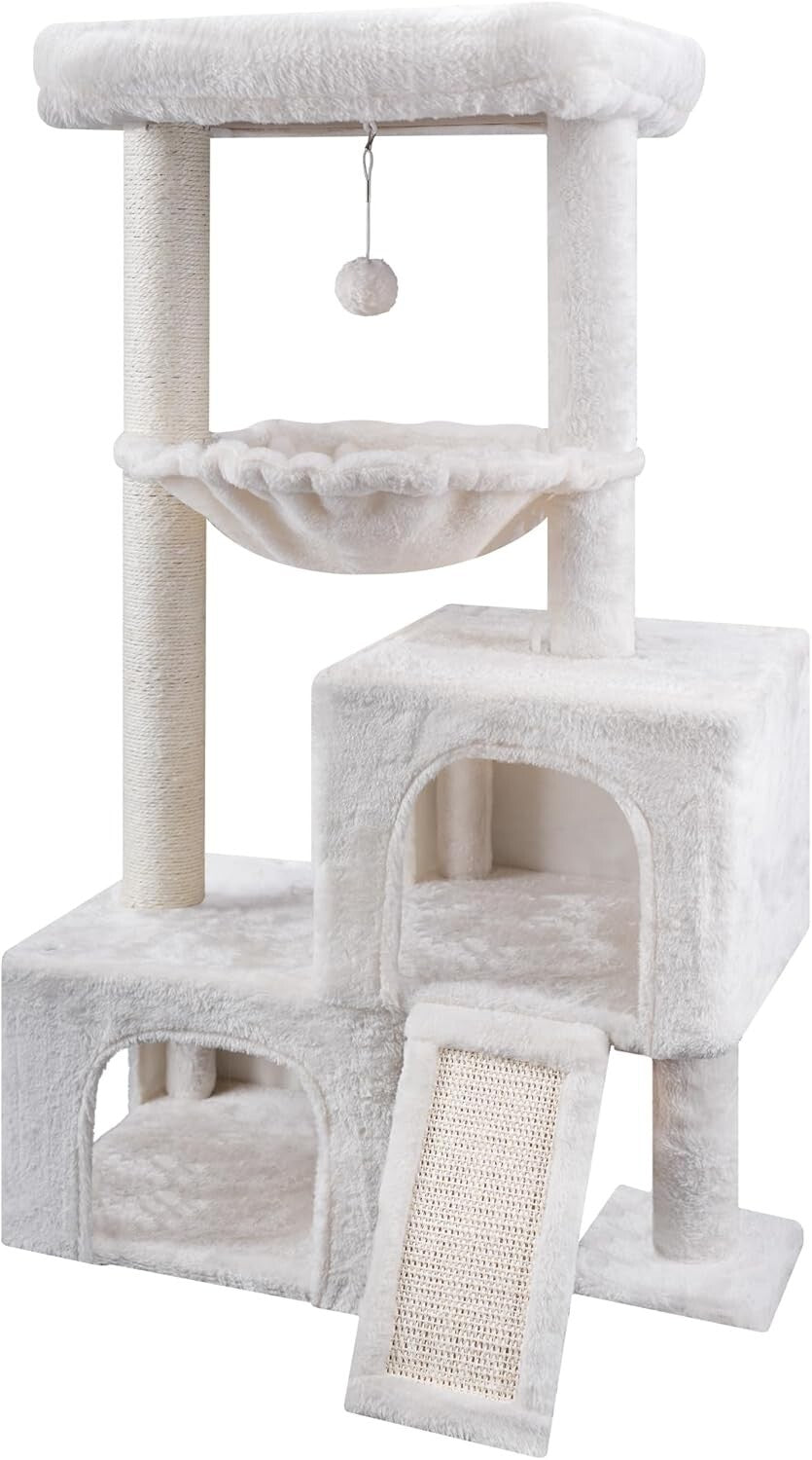 37.4" Beige Cat Tower with Twin Condos, Perch & Scratching Post - Cozy Retreat