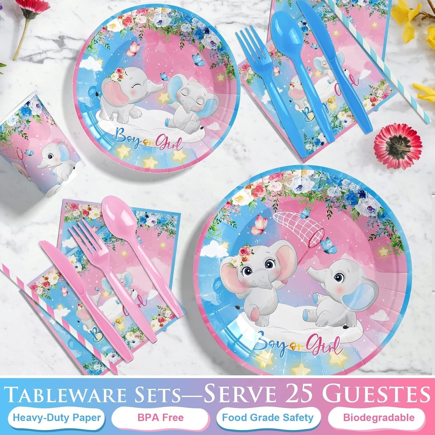 327Pcs Gender Reveal Party Supplies for 25 Guests – Elephant Theme Celebration
