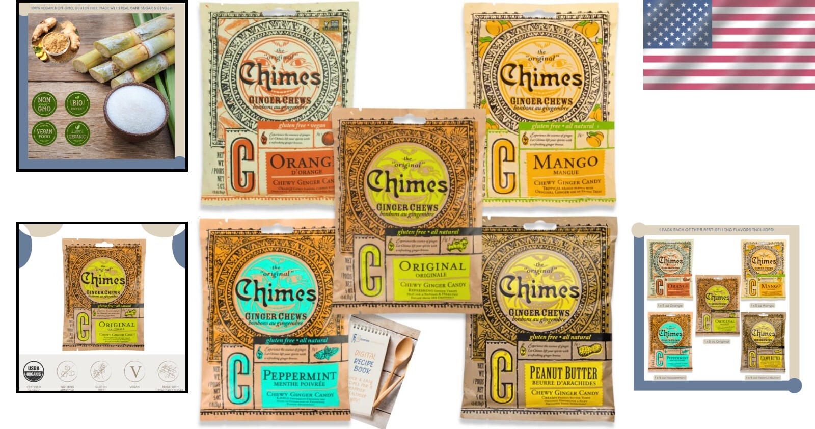 Chimes Ginger Chews Large 5 Flavor Variety Pack - Vegan & Gluten-Free Delight