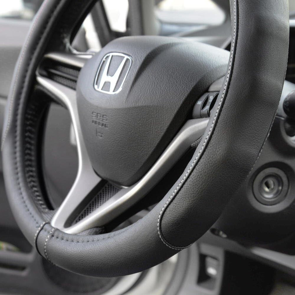 Durable 14-Inch Black Leather Steering Wheel Cover with Stylish Gray Stitching