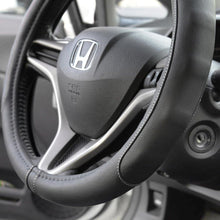Load image into Gallery viewer, Durable 14-Inch Black Leather Steering Wheel Cover with Stylish Gray Stitching