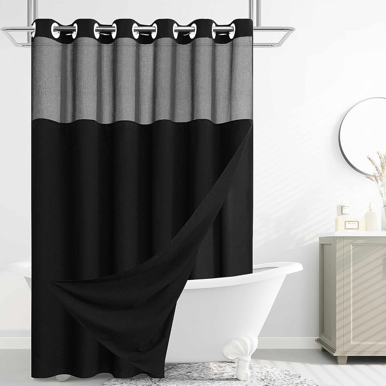 Black Hotel Luxury Shower Curtain and Liner Set with Removable Liner, 72W x 81L