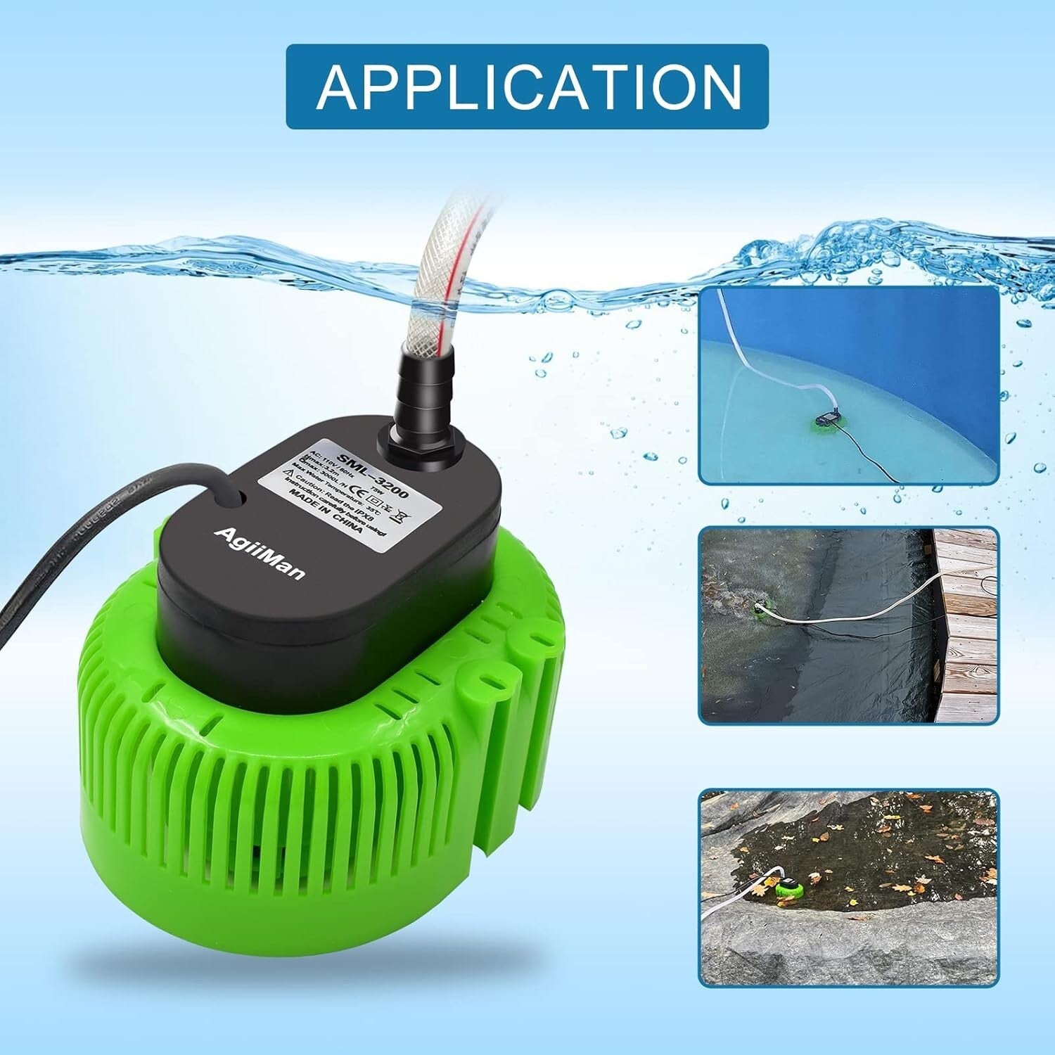 Durable Submersible Swimming Pool Pump with 3 Adapters & Long Drainage Hose