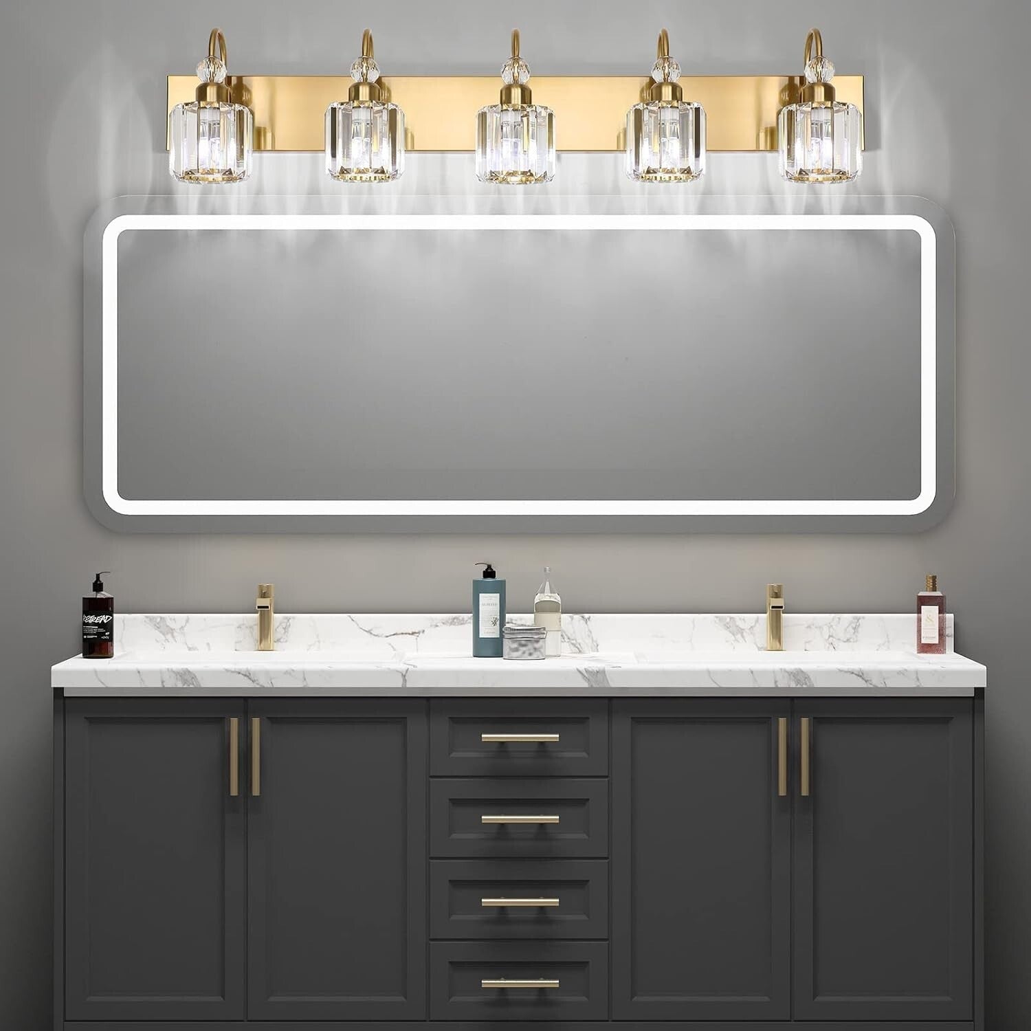 Elegantly Crafted 5-Light Brass Gold Vanity Wall Lighting with Crystal Shades