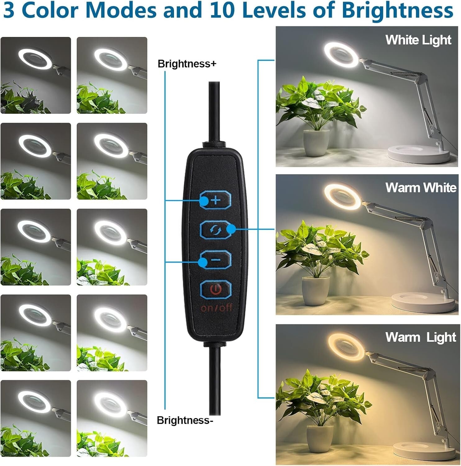 Adjustable 10X Magnifying Glass Lamp with LED - 1800 Lumens, Heavy-Duty Clamp