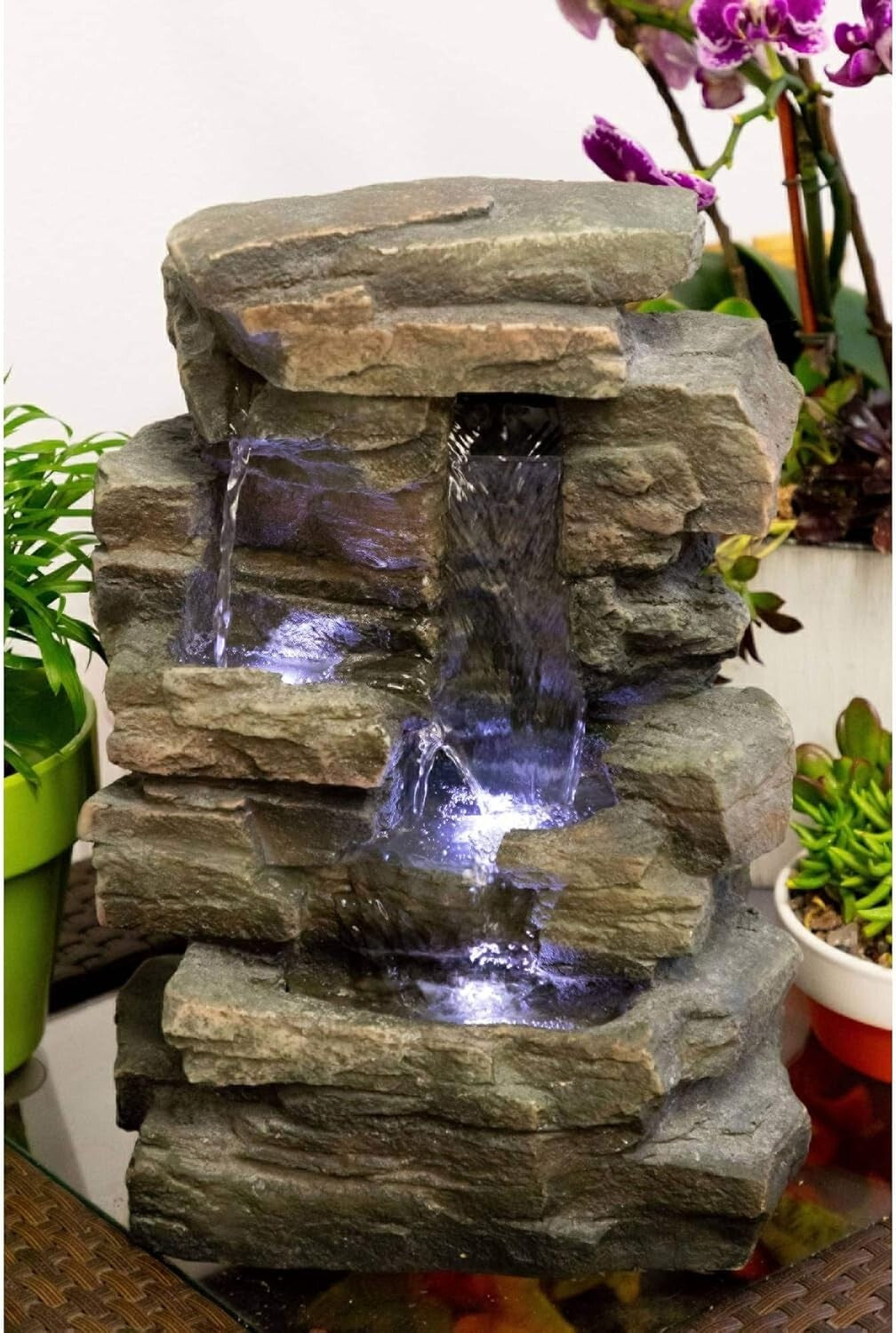 Elegant Gray 4-Tier Water Fountain with LED Lights for Tranquil Ambiance