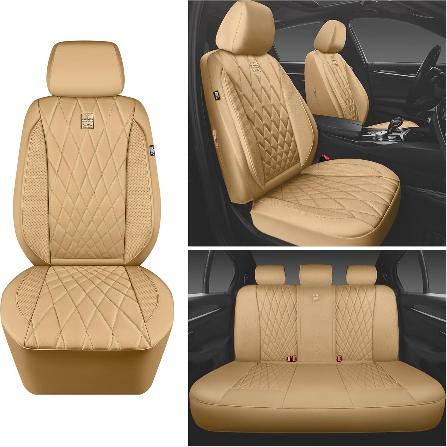 Ergonomic Universal Fit Leather Seat Covers in Pure Beige - Full Set for 5 Seats
