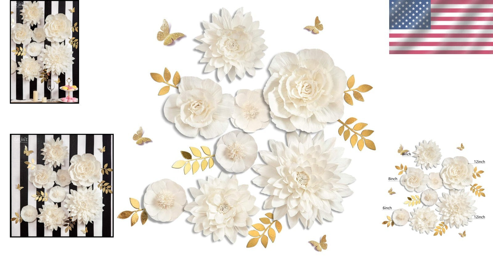 8PC White Paper Flowers with Gold Leaves & Butterflies - Perfect for Weddings