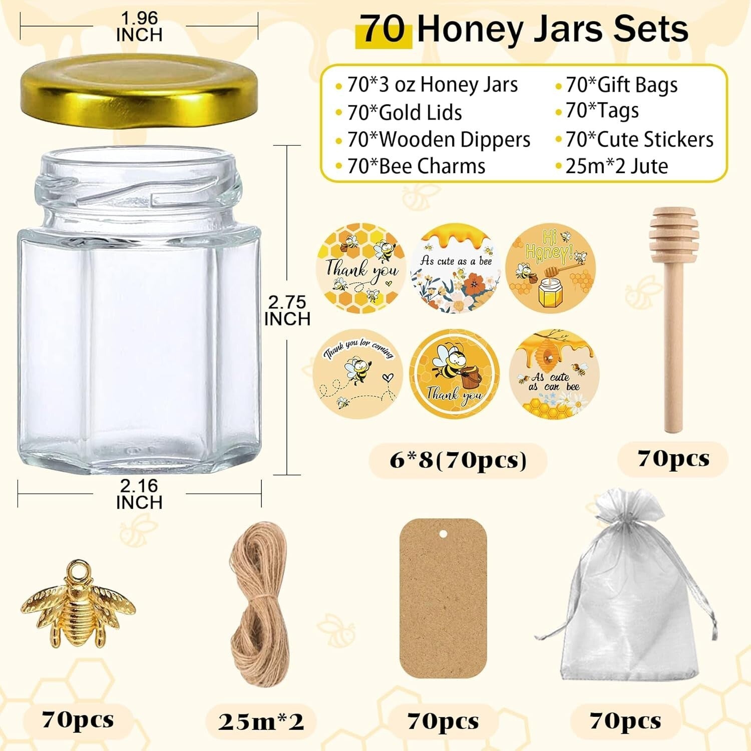 Bulk Set of 70 Beautiful Glass Honey Jars 3 oz with Lids & Customizable Stickers