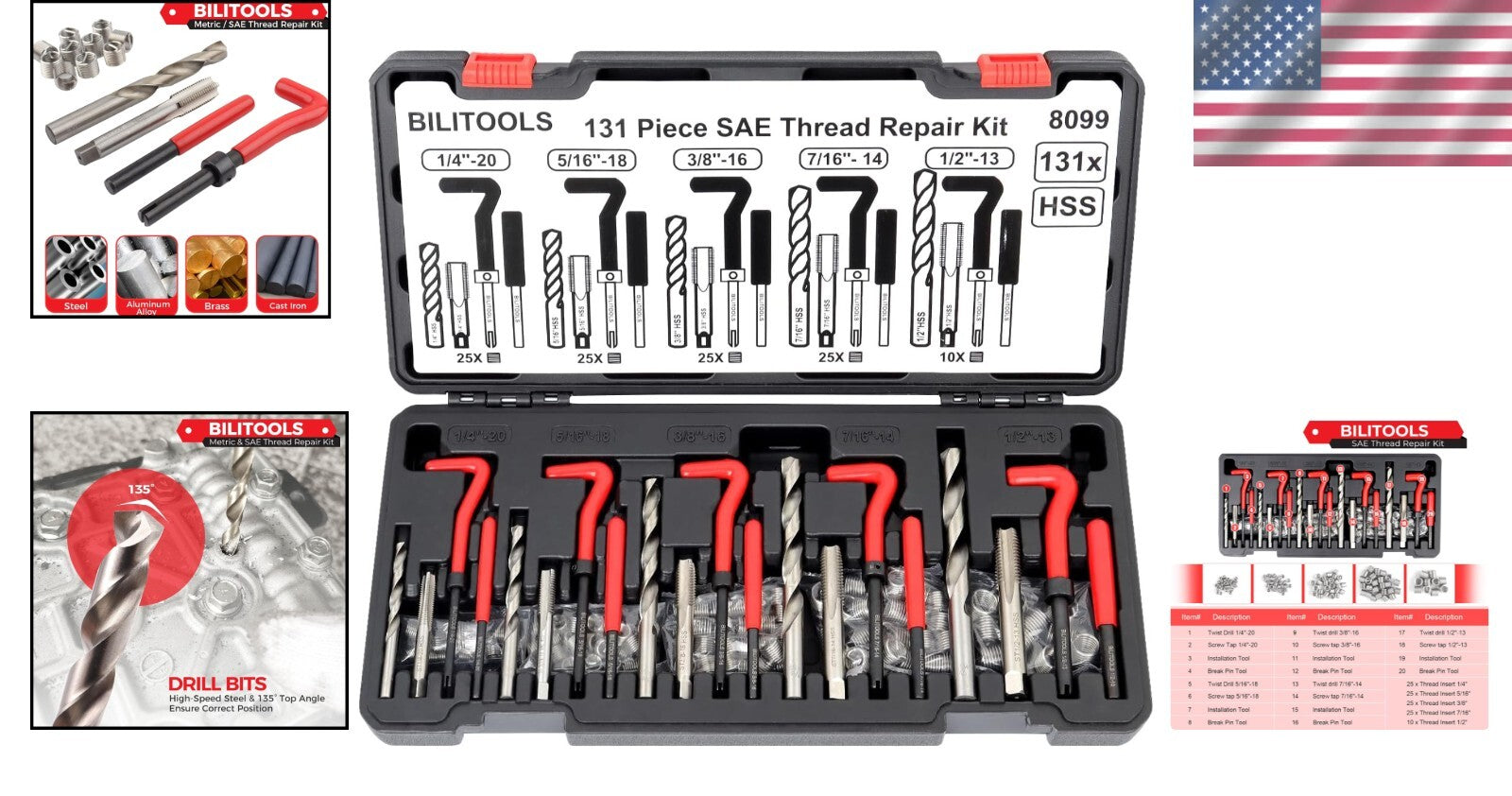 Efficient SAE Thread Repair Kit - 131-Piece Set for Automotive and Plumbing