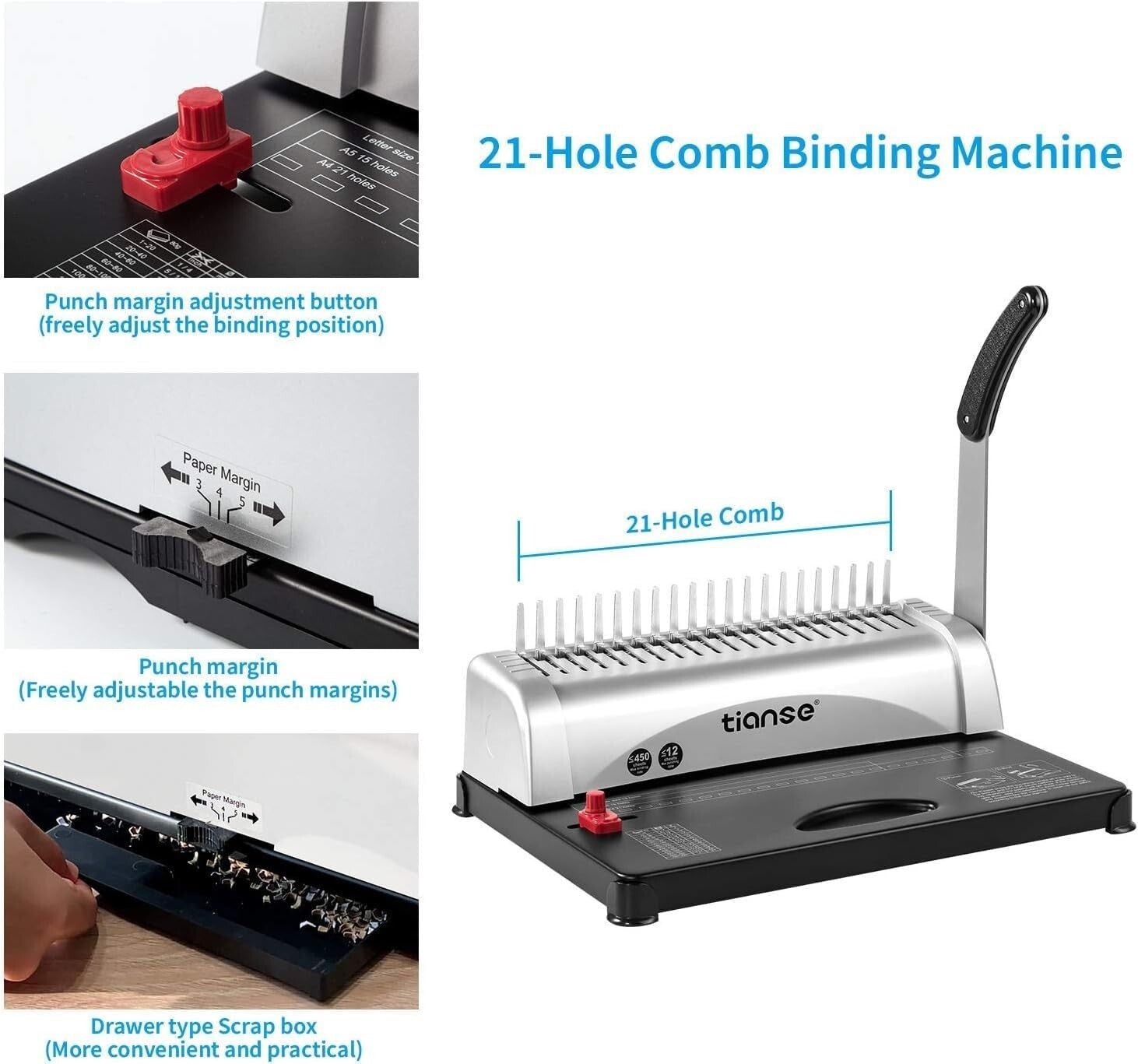 21-Hole Binding Machine with 100 PCS 3/8'' Comb Spines - 450 Sheet Capacity