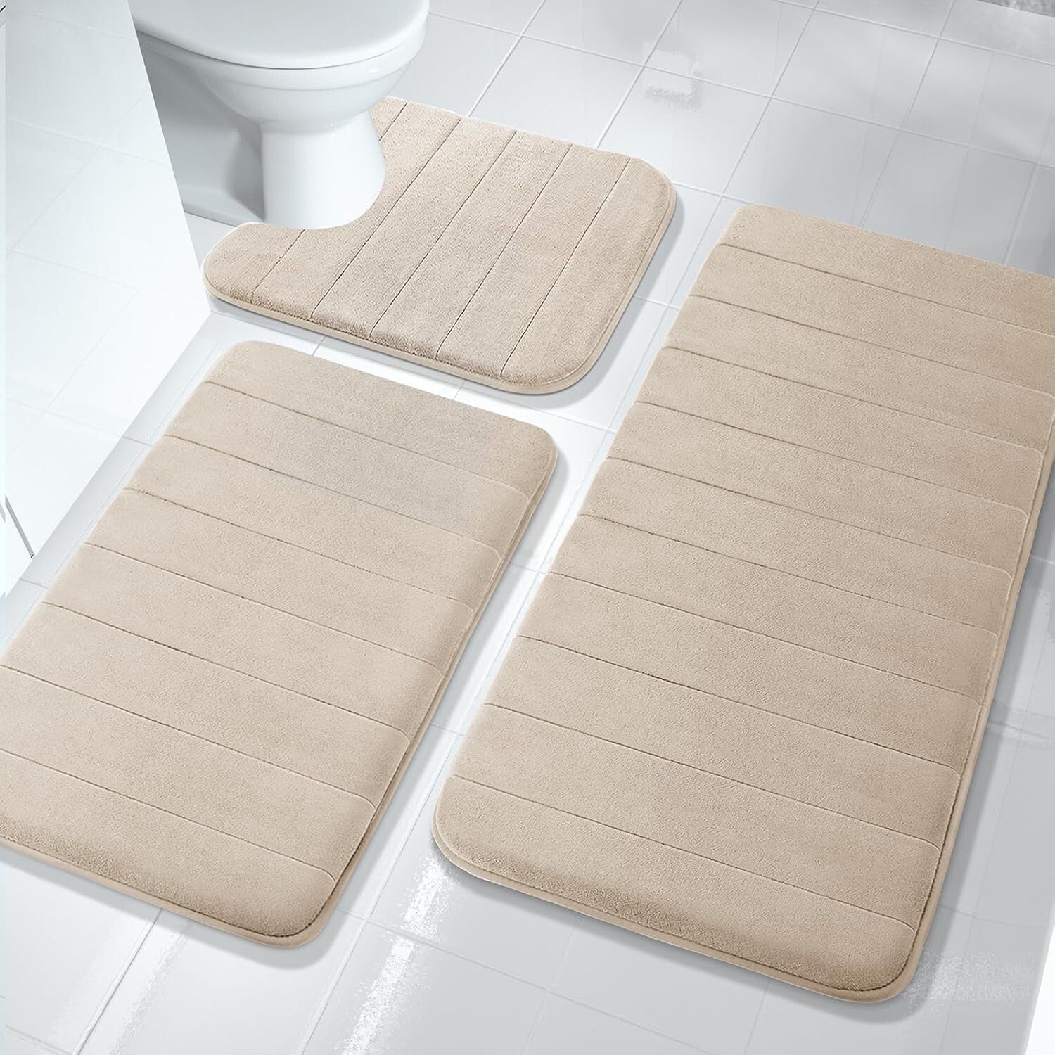 3-Piece Beige Memory Foam Bath Rug Set - Ultra-Soft, Water Absorbent & Non-Slip