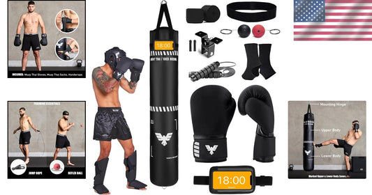 6 Ft Black Muay Thai & Kickboxing Heavy Bag Kit - Training Essentials Inside