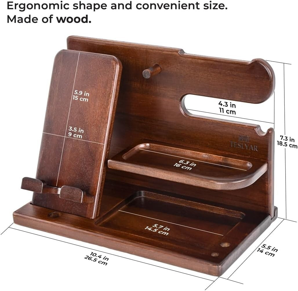 Elegant Wood Phone Docking Station & Organizer for Desk or Nightstand Gifts