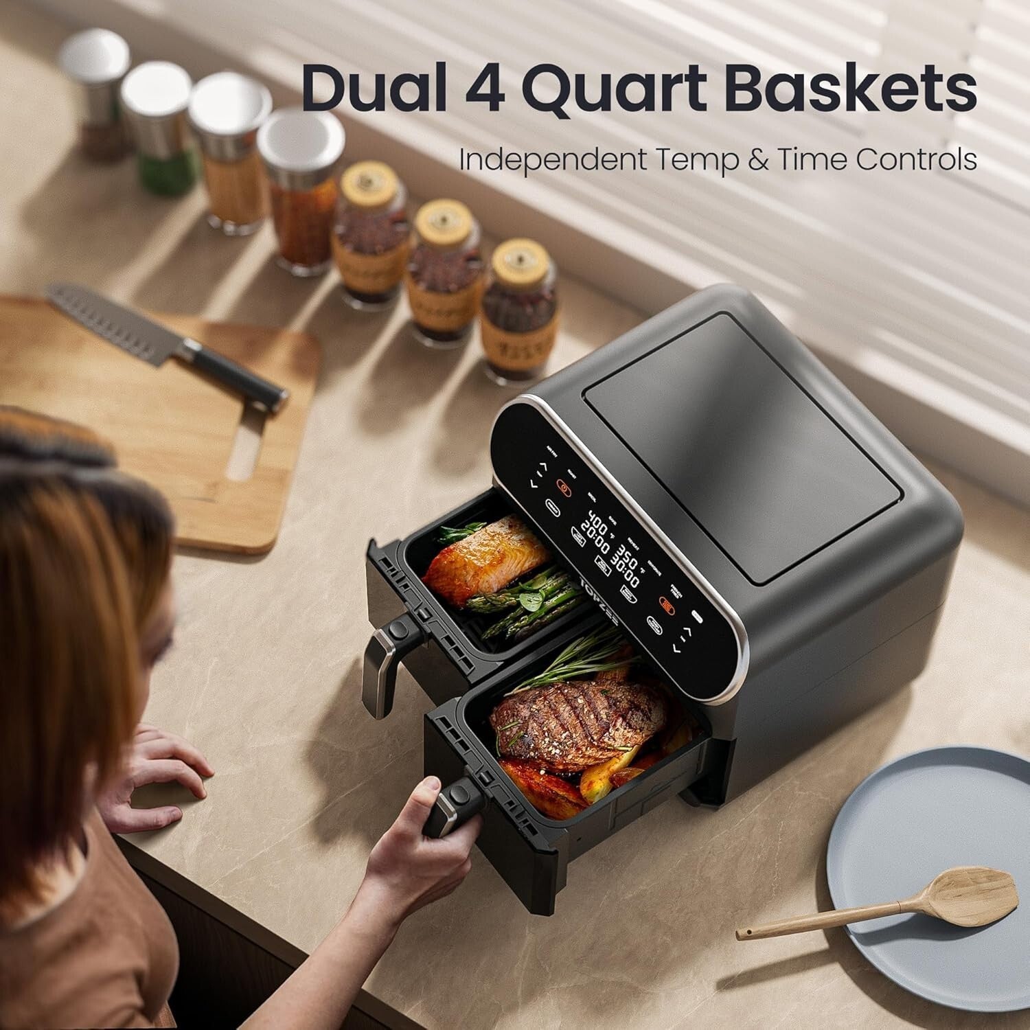 Large 8 Quart Programmable Air Fryer with Cooking Functions and Viewing Windows