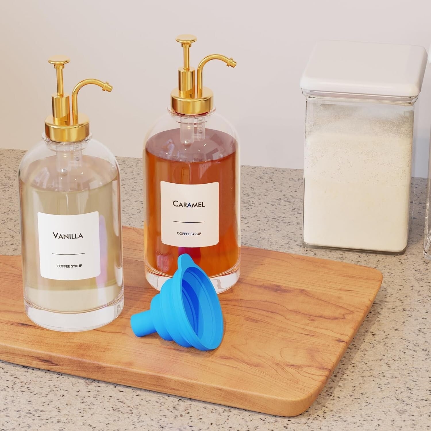 Elegant 6-Piece Glass Coffee Syrup Dispenser Set with Gold Pumps & Labels