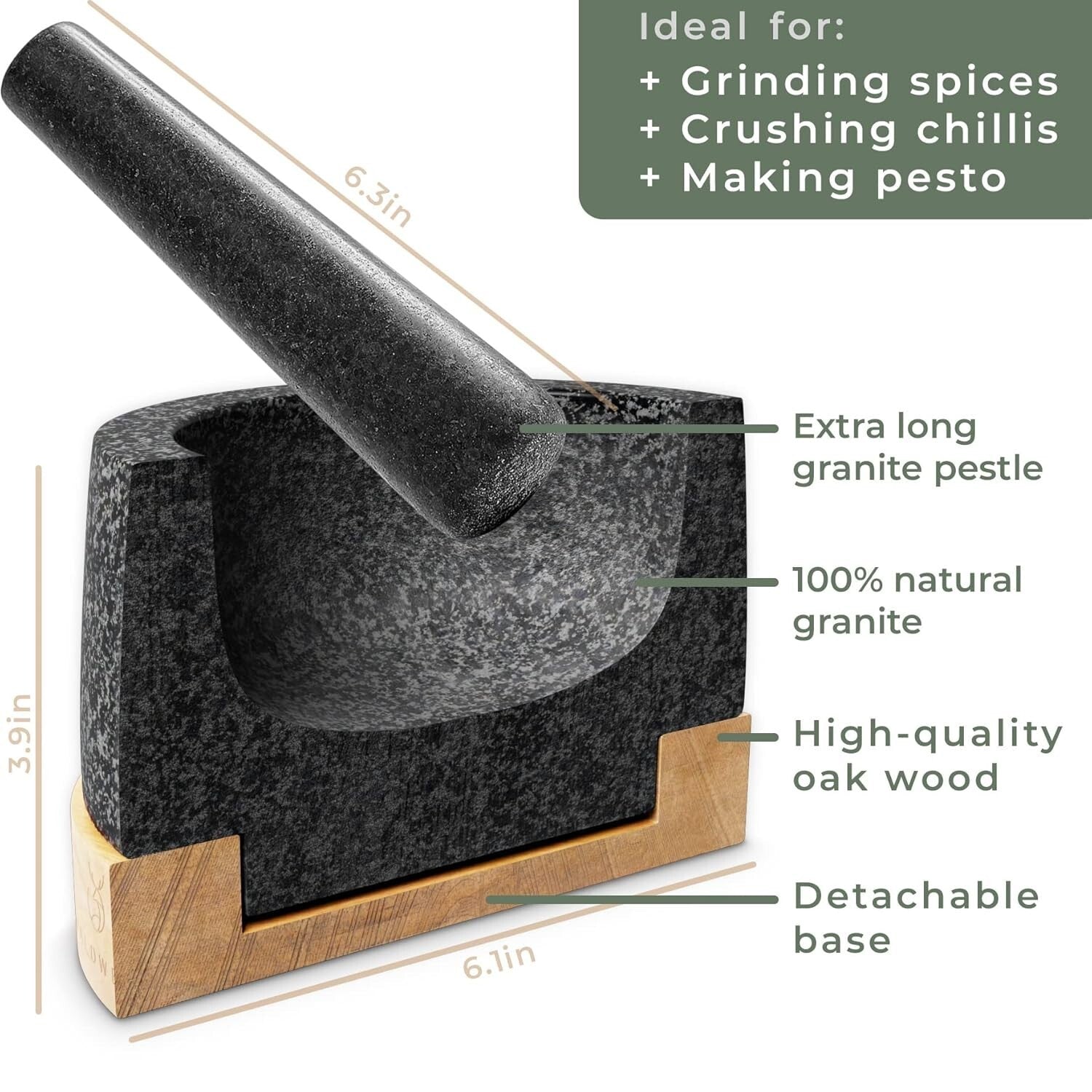 Extra Large Granite Mortar and Pestle Set - Oak Wood Base for Scratch Protection