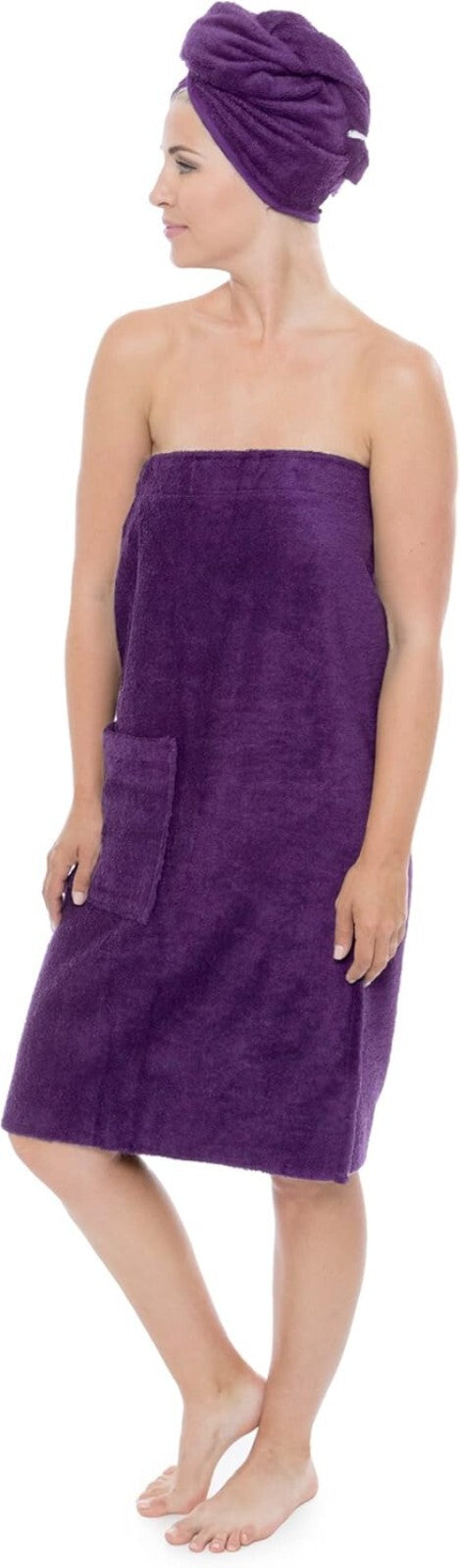 Women's Organic Cotton Spa Wrap & Hair Towel Set - 2X/3X Comfort in Purple