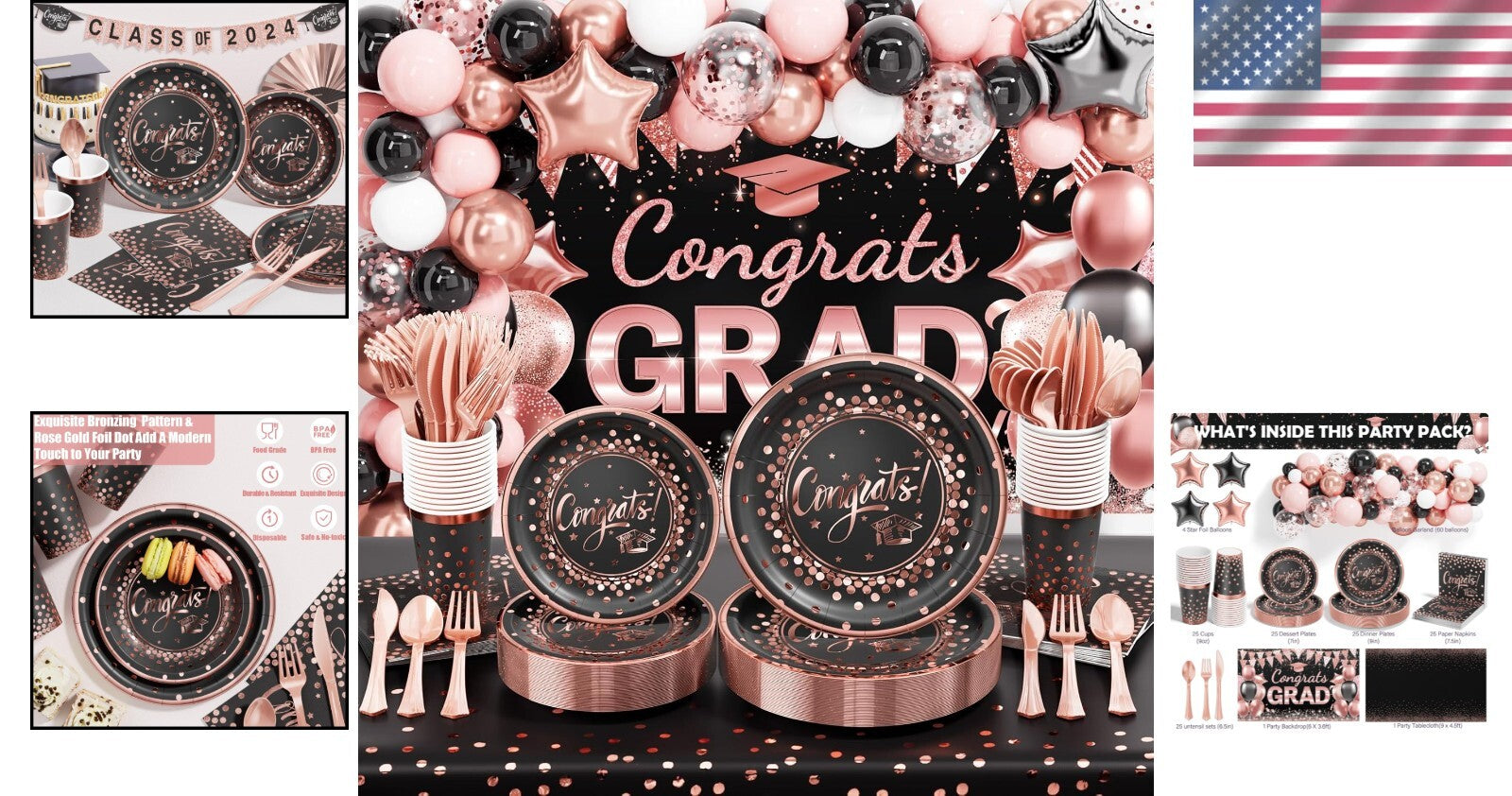 Complete 2025 Graduation Celebration Kit - 245 PCS in Black, Pink & Rose Gold