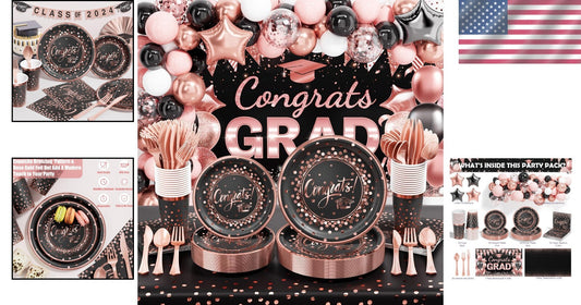Complete 2025 Graduation Celebration Kit - 245 PCS in Black, Pink & Rose Gold