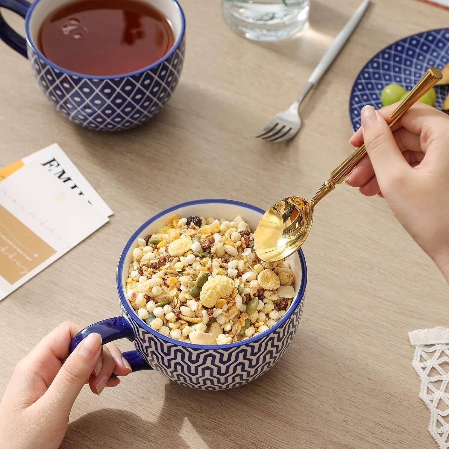 Elegant 24 Oz Jumbo Coffee Mug Set of 4 - Vintage Blue Ceramic with Large Handle
