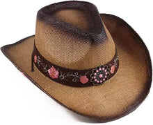 Load image into Gallery viewer, Handmade Brown Cowgirl Hat with Unique Peony Embroidery - Women’s Western Style