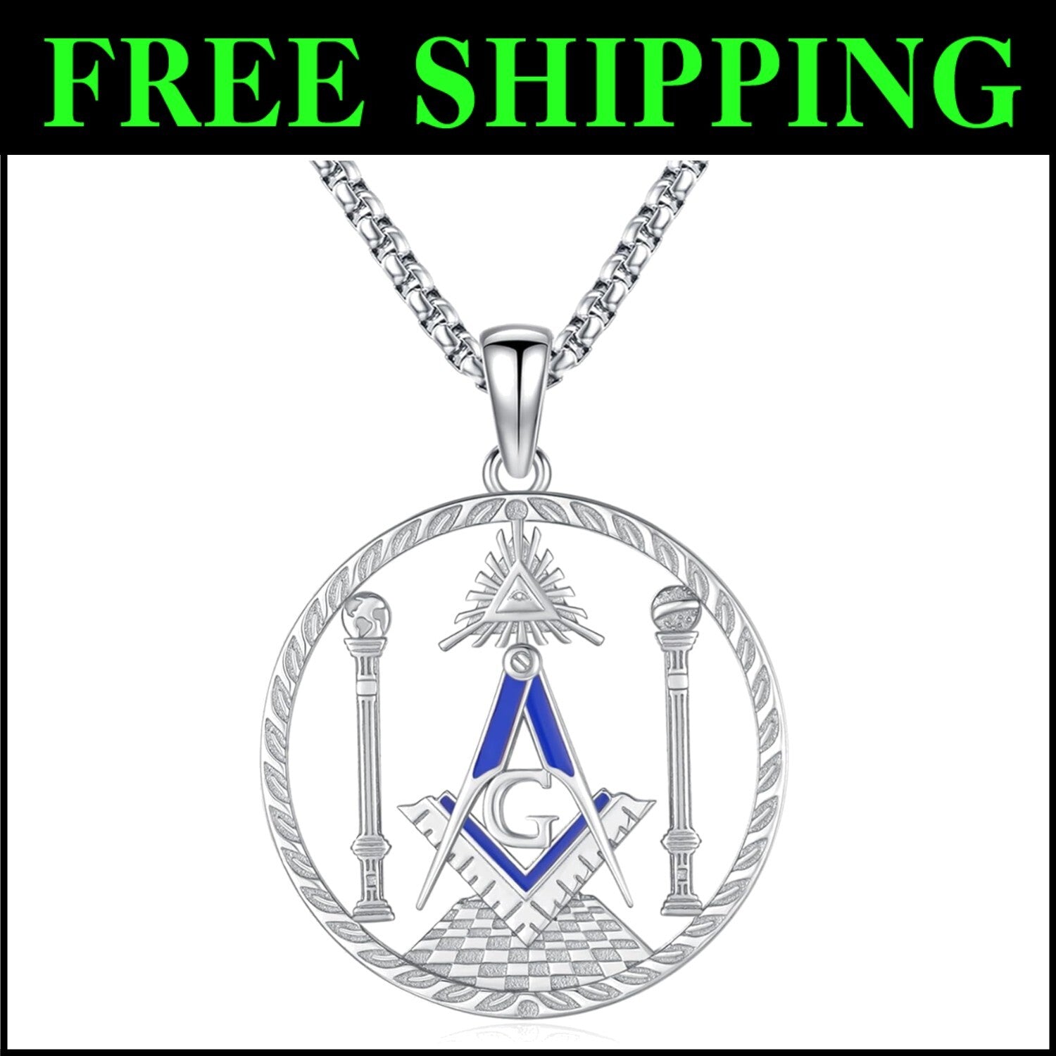 Unisex Freemason Necklace - Sterling Silver Valknut Amulet with Adjustable Chain