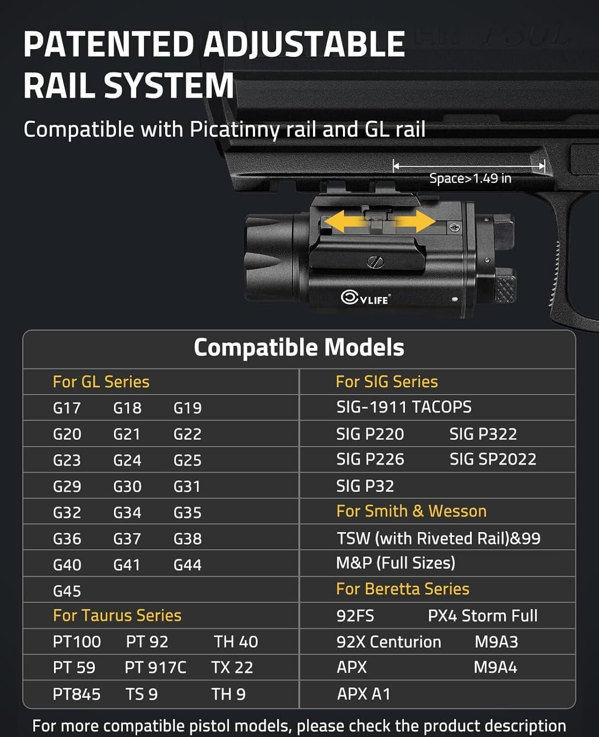 Adjustable Picatinny Flashlight - 1500 Lumens Magnetic Rechargeable Pistol Light