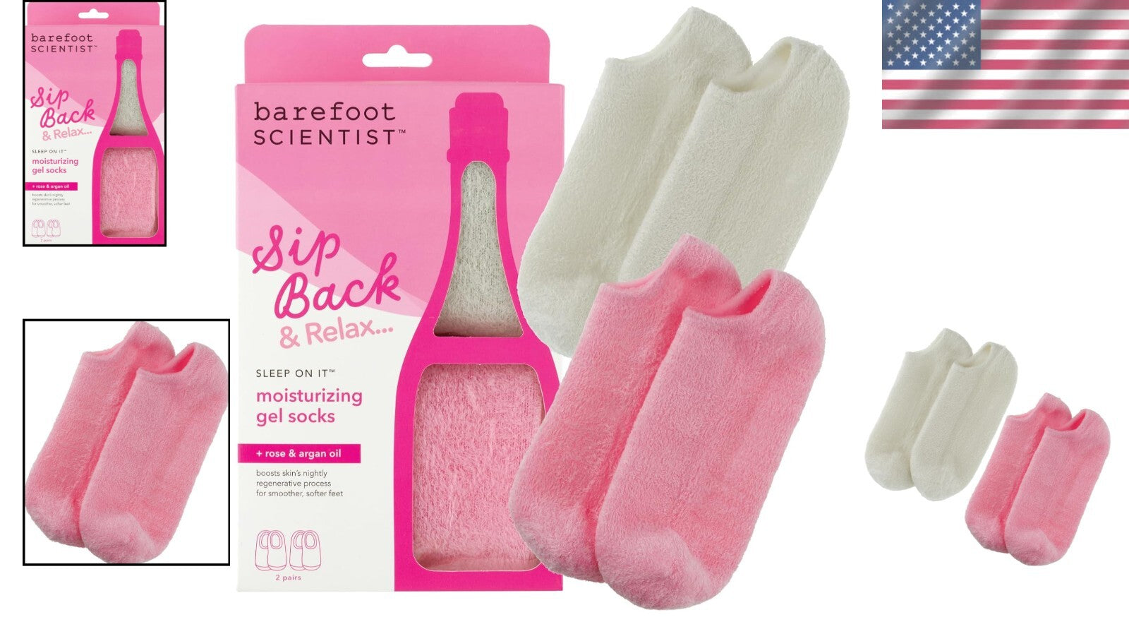 Hydrating Gel Socks 2-Pack for Overnight Moisturizing Therapy – Pink & White