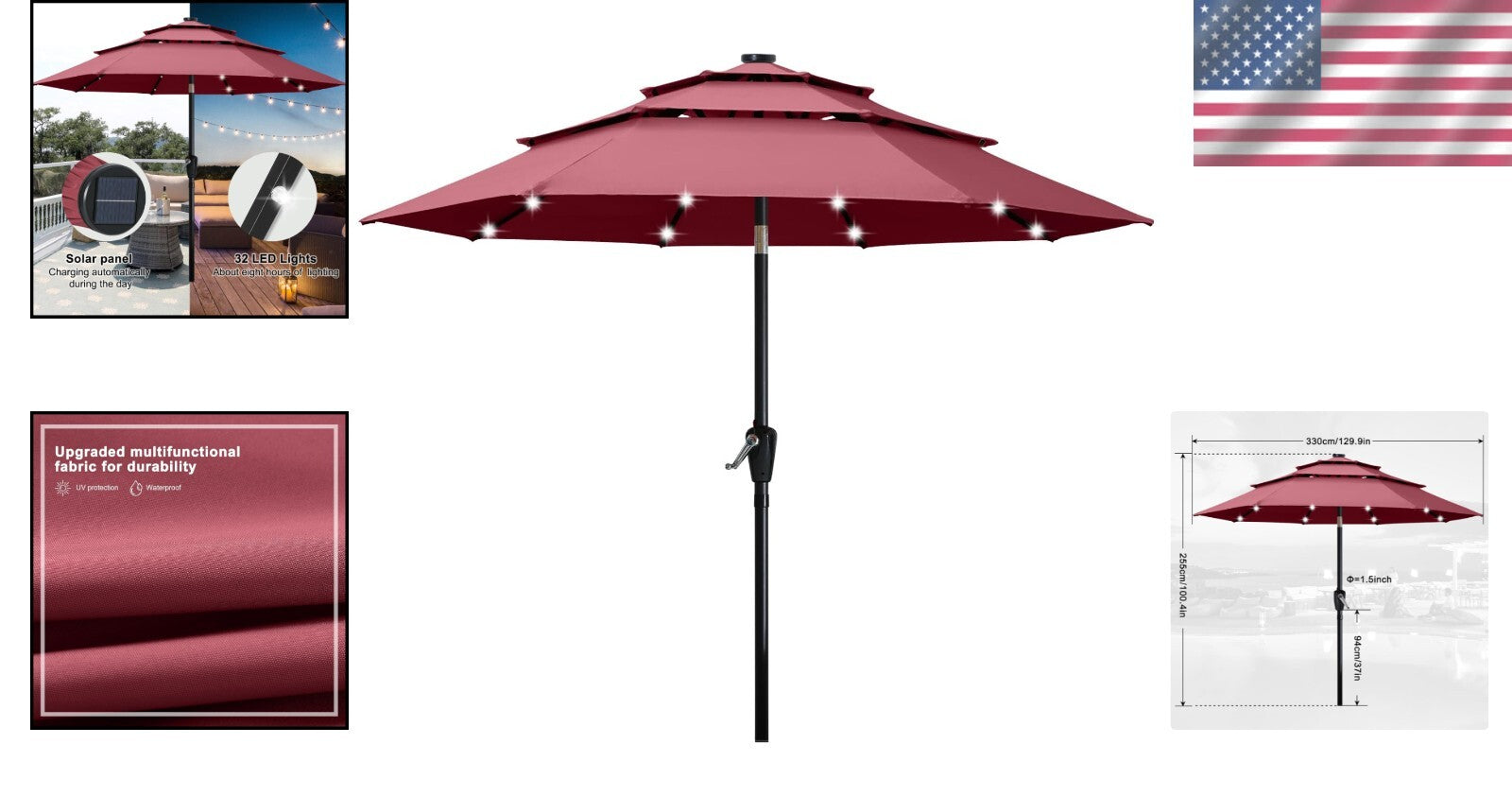 Stylish 3-Tier 11FT Burgandy Solar Light Patio Umbrella for Outdoor Shading