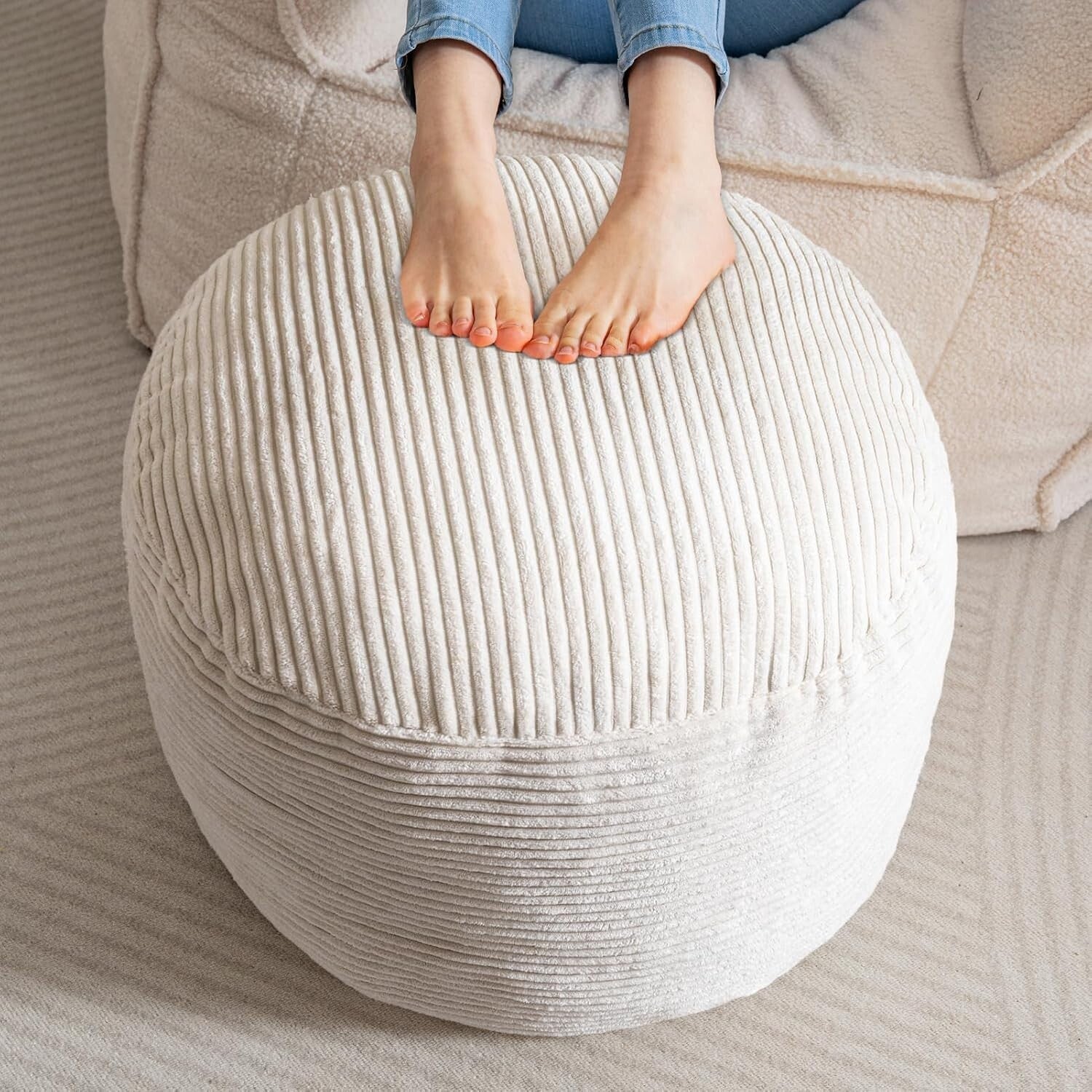 Fluffy Round Pouf Ottoman - 20" Corduroy Stool with Storage for Living Room