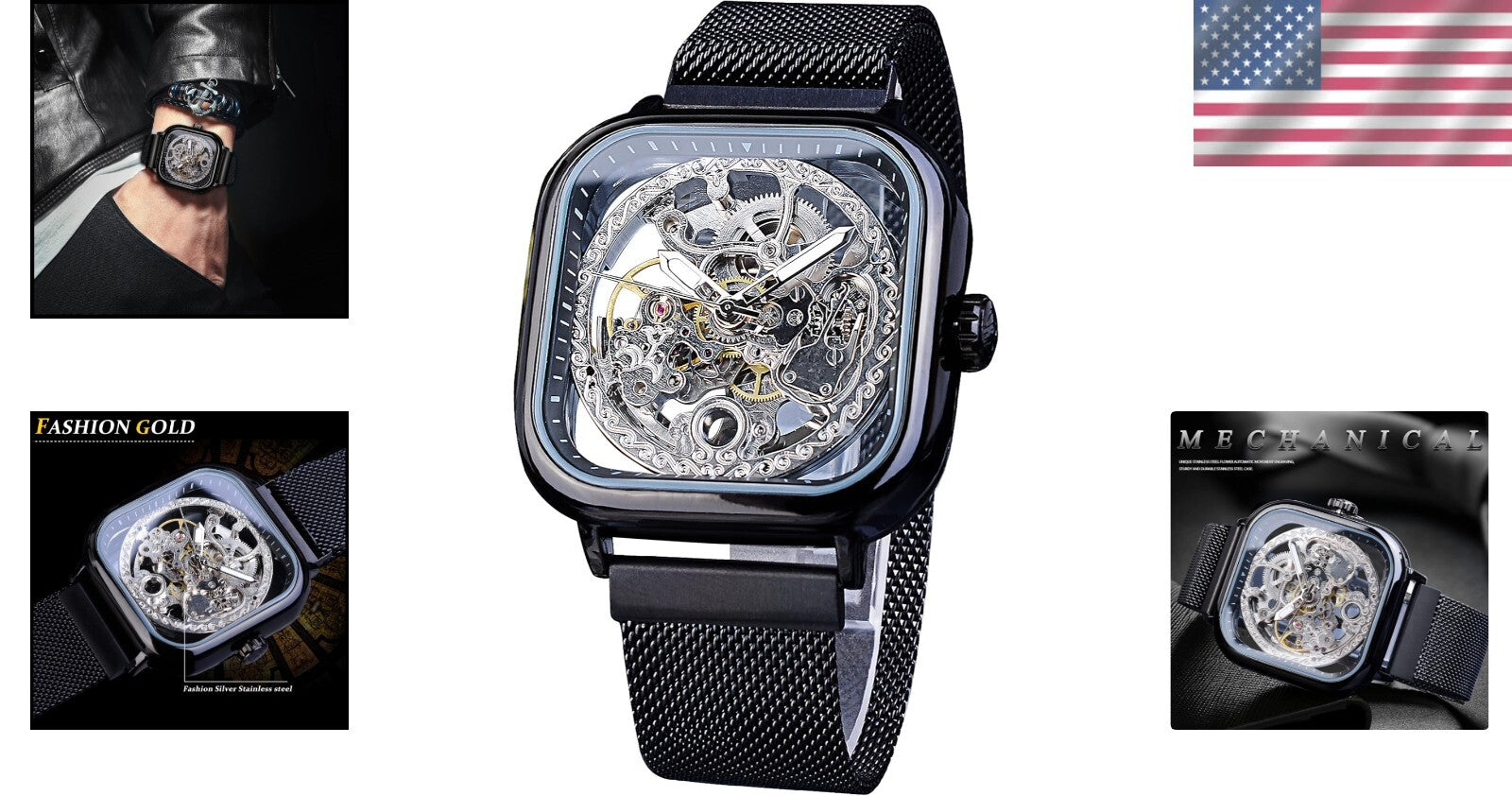 Elegant Men's Skeleton Wristwatch with Flower Movement Carving & Stainless Steel