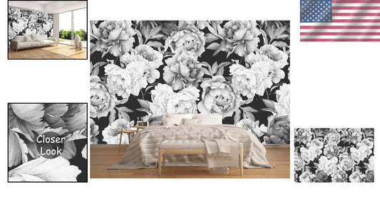Botanical Watercolor Floral Mural - 141" Wide Black & White Peonies Wallpaper